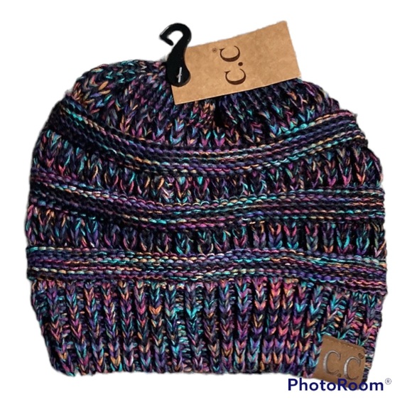 C.C Accessories - C.C Purple Rainbow Marled Beanie Winter knitted hat black purple blue New